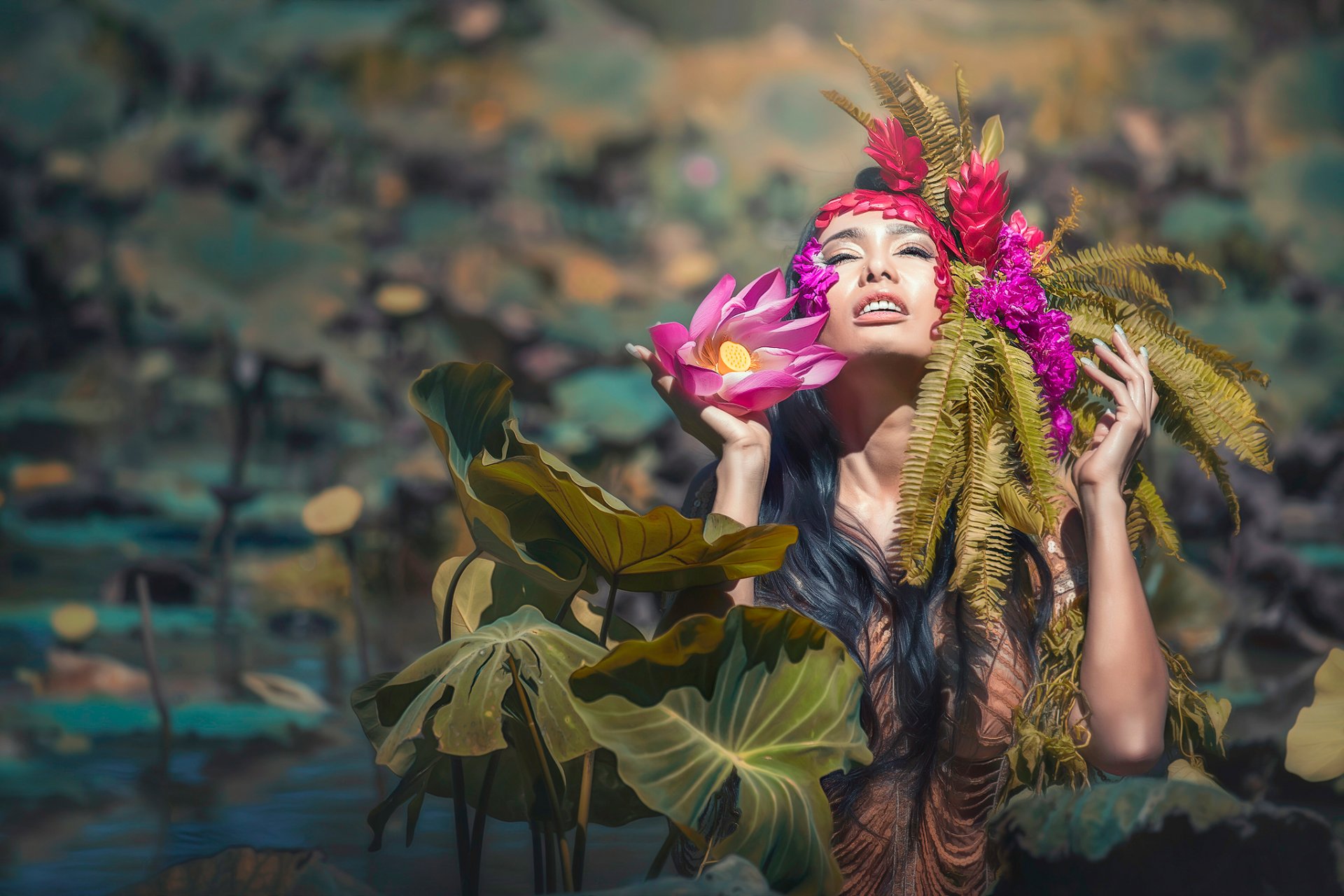 la jeune fille fleurs lotus lumière du soleil