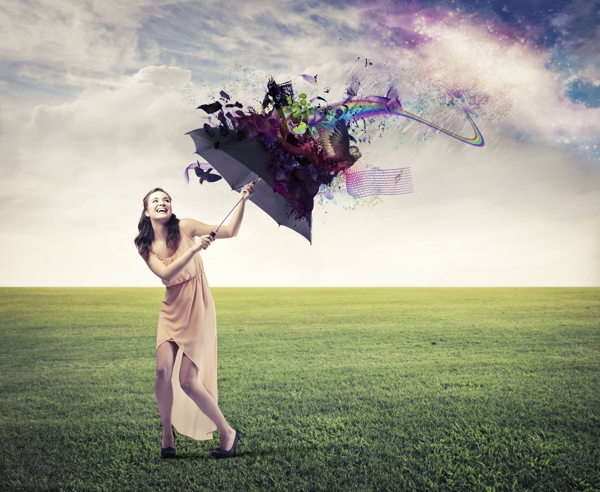 mädchen braunhaarige kleid schuhe rasen lachen freude regenschirm abstraktion wolken