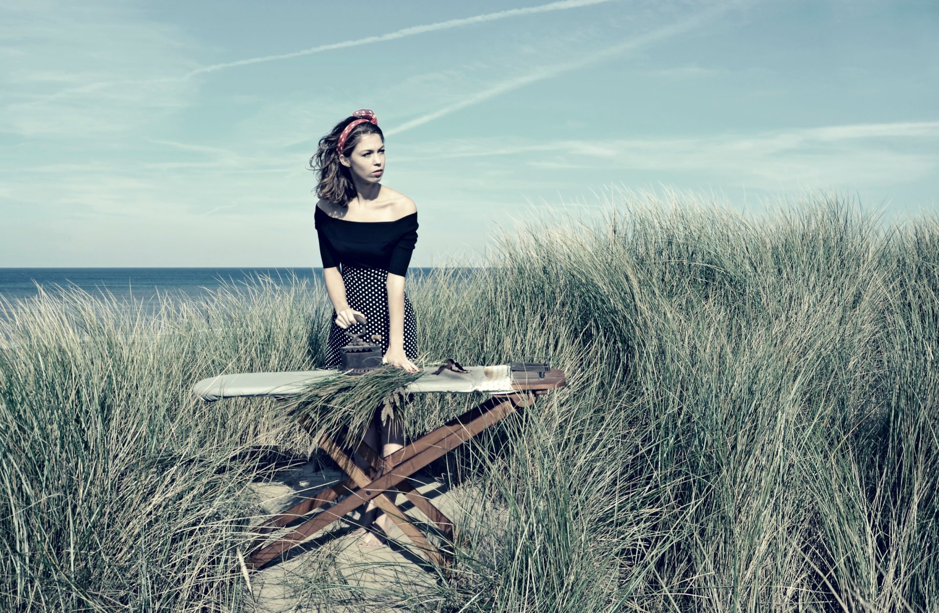 beach grass girl on the shore iron ironing