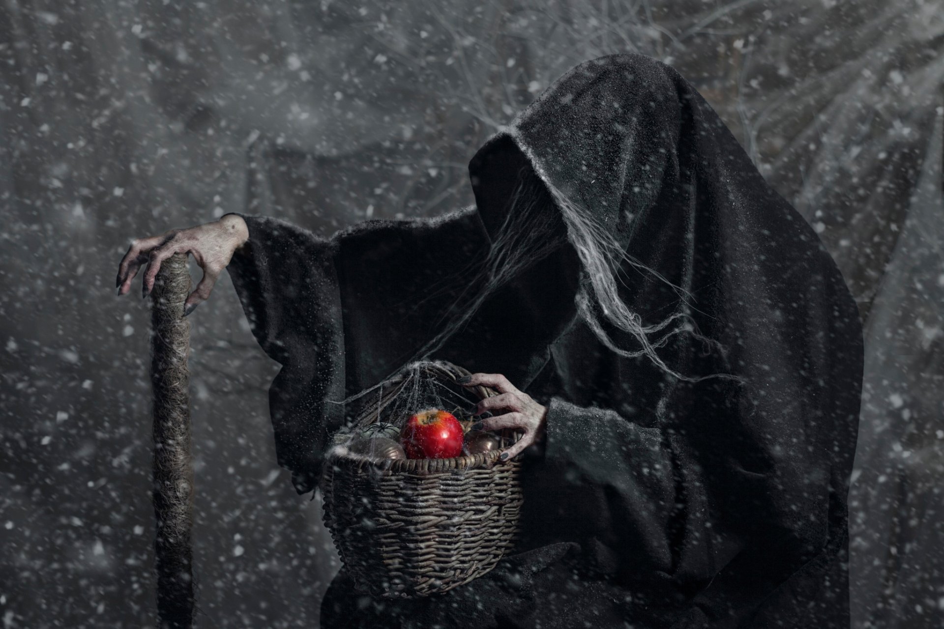 witch shopping apple on the fairy tale