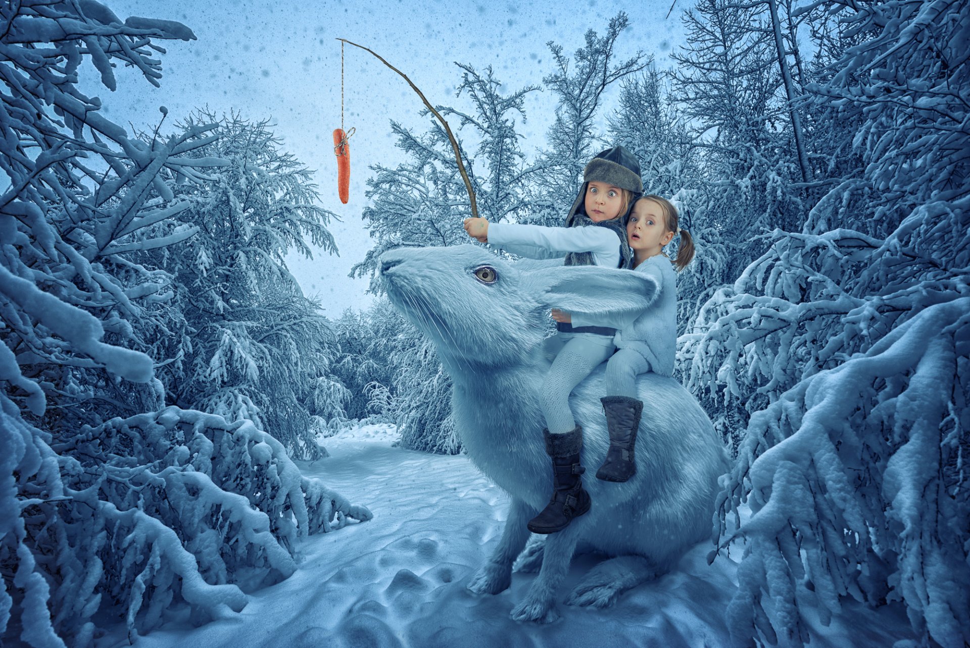 girls children snow hare carrot winter forest