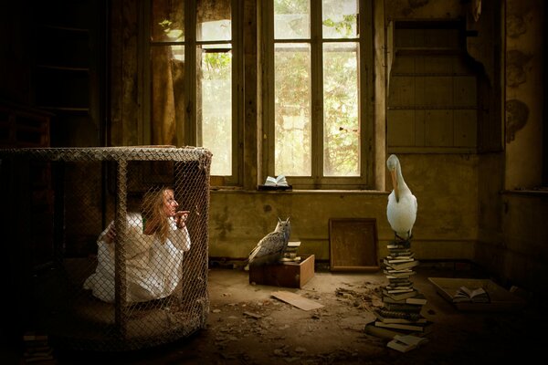 La jeune fille dans une cage dans la chambre avec le chat et l oiseau