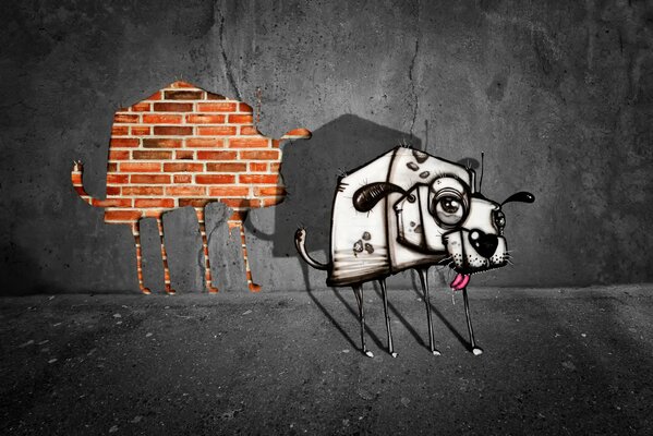 Creative drawing of a dog on a gray wall background