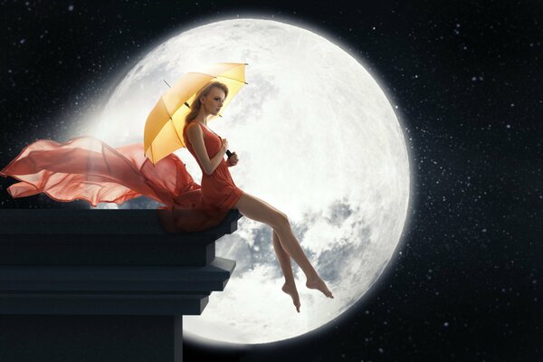 A girl with an umbrella on the background of the moon