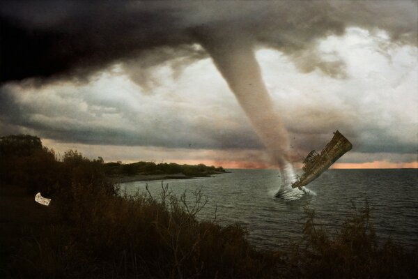 Fuerte huracán Tornado derriba barco