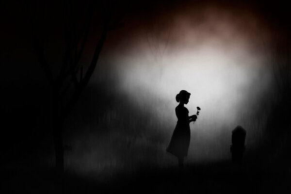 A night silhouette where a girl stands over a tombstone