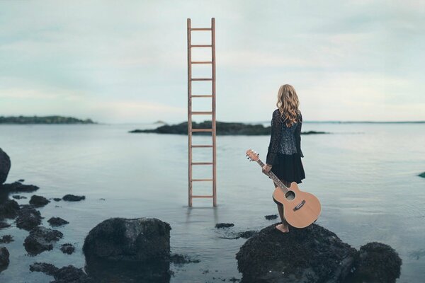 A girl with a guitar looks at the stairs to the sky