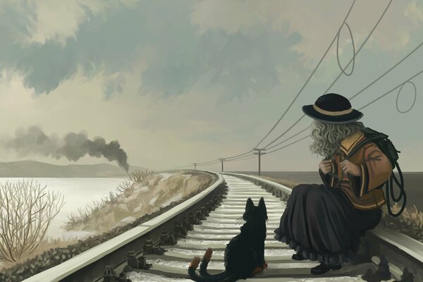 A girl with a black cat on the rails