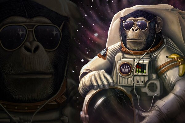 A monkey in a spacesuit with glasses and headphones