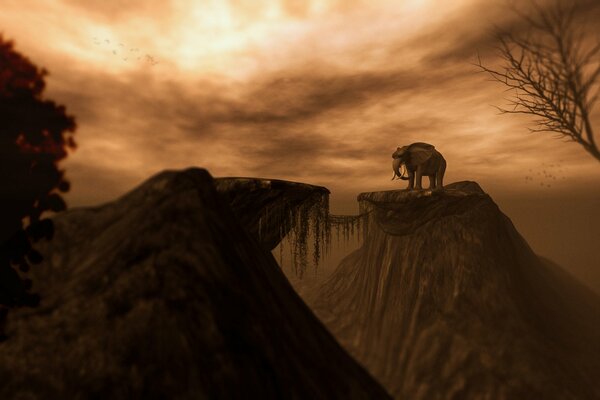 An elephant next to a cliff against a dark sky