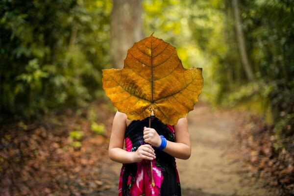 Das Mädchen steht im Wald, bedeckt mit einem riesigen Blatt