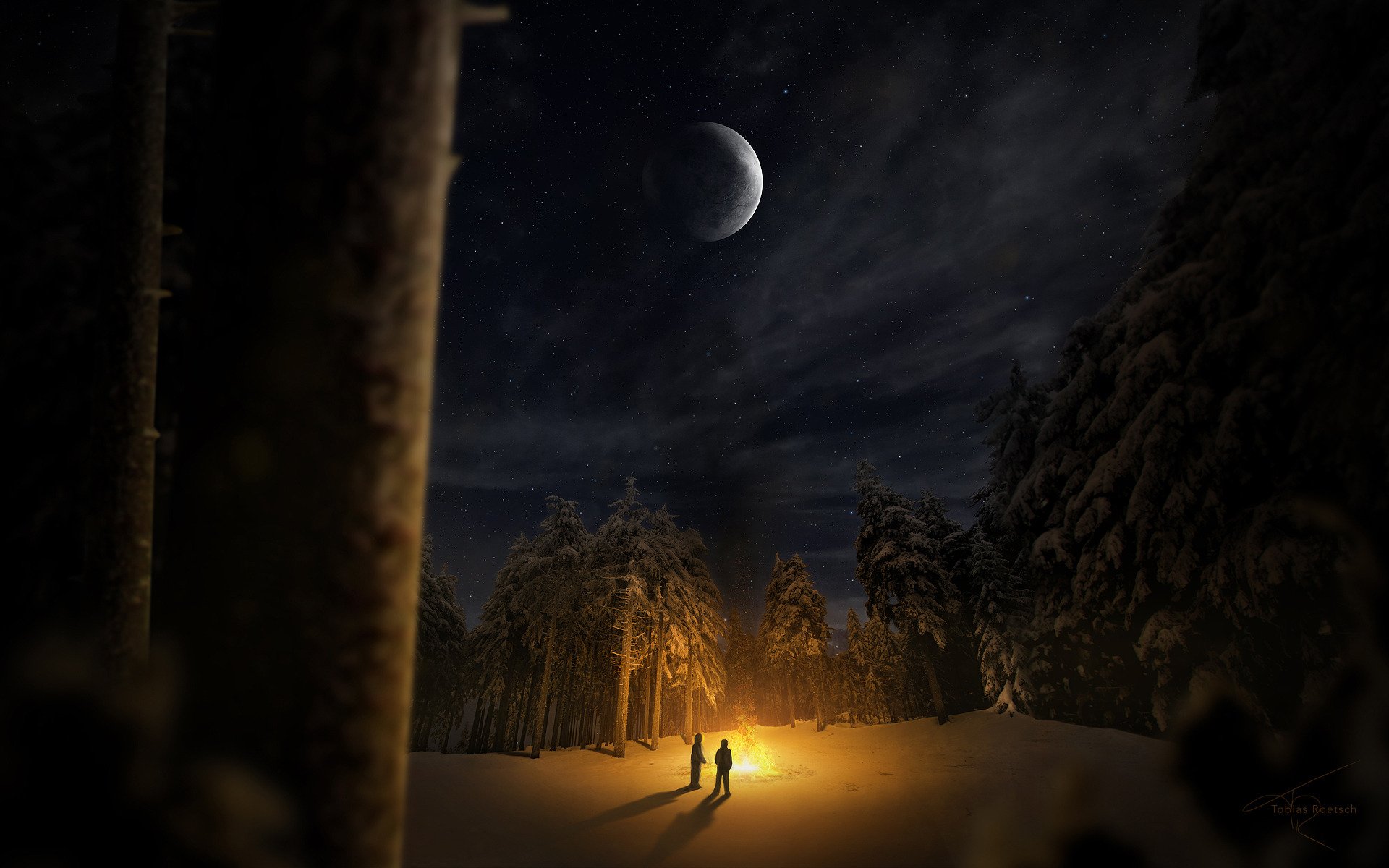 night forest winter tree snow field fire two people