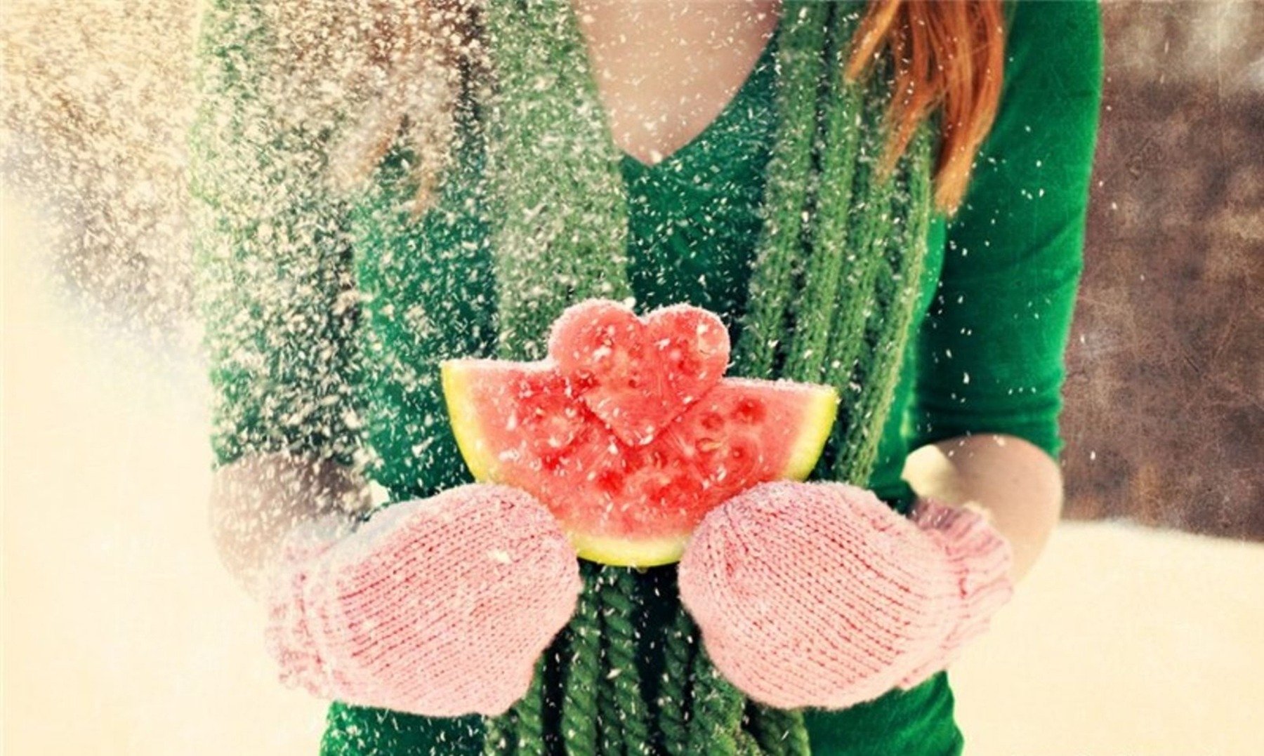 watermelon heart girl brown hair red mittens winter snow feeling love valentine s day