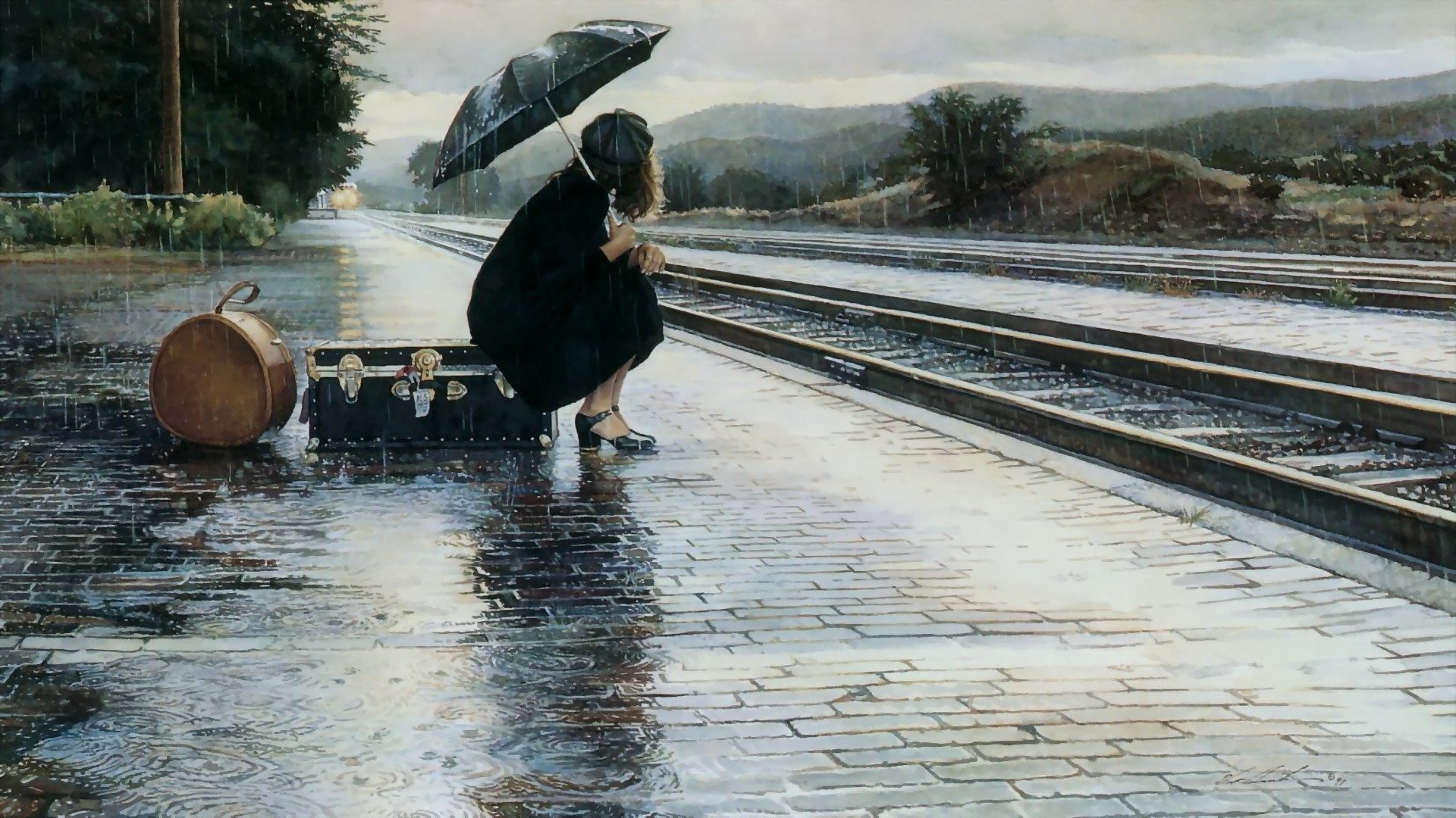 the platform bag girl separation sadness rain