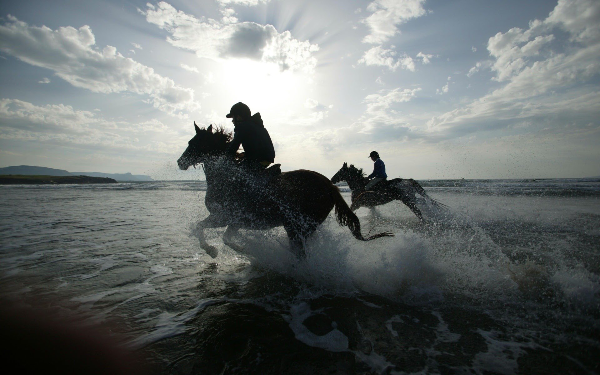 nature sea beach horse riders spray drops photo background wallpaper image