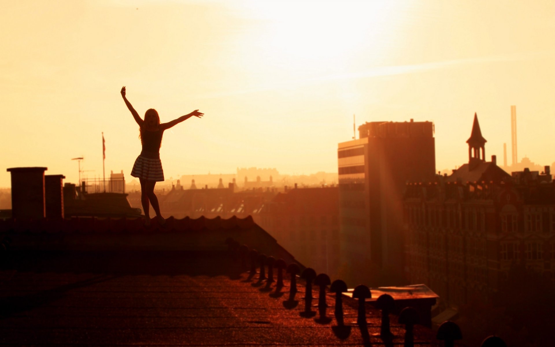 mood girl girls morning houses roof roofs height hands joy cities view