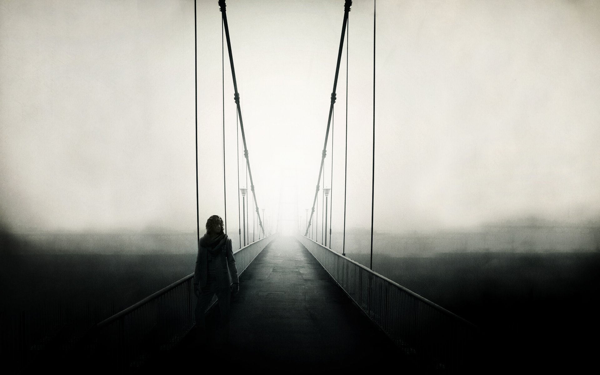 stimmung landschaft ansicht brücke brücke handläufe zaun zaun gehweg straße fußweg person menschen kerl mann nebel ansicht weg weg foto