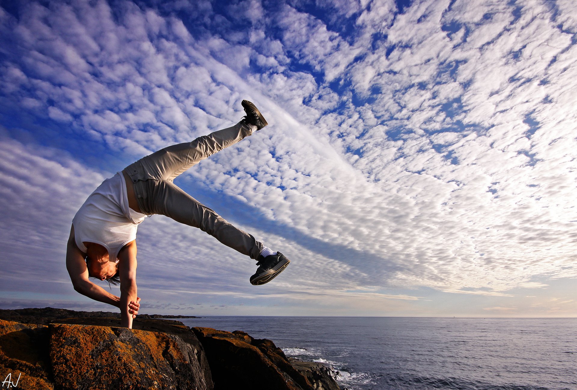 breaking sea man sky clouds pose front freedom horizon serenity tranquility spirituality