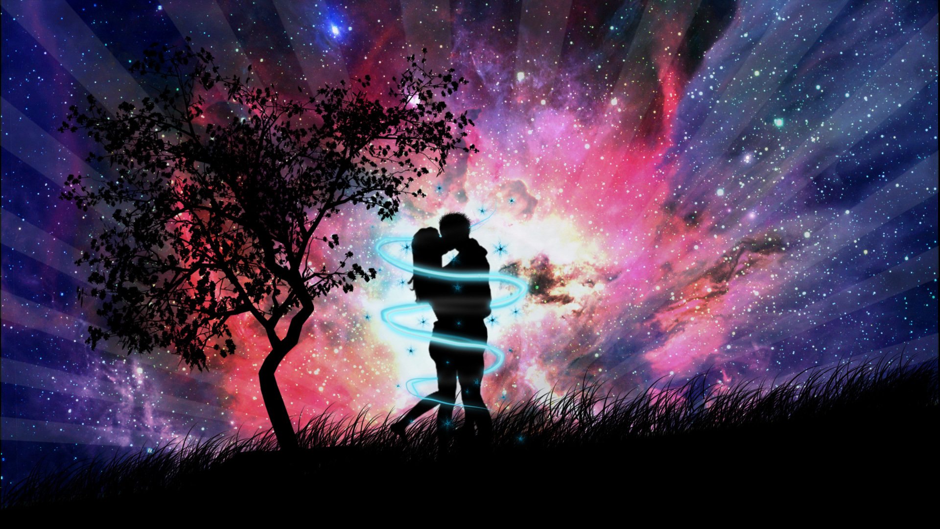 figura coppia bacio sera erba albero astratto romanticismo