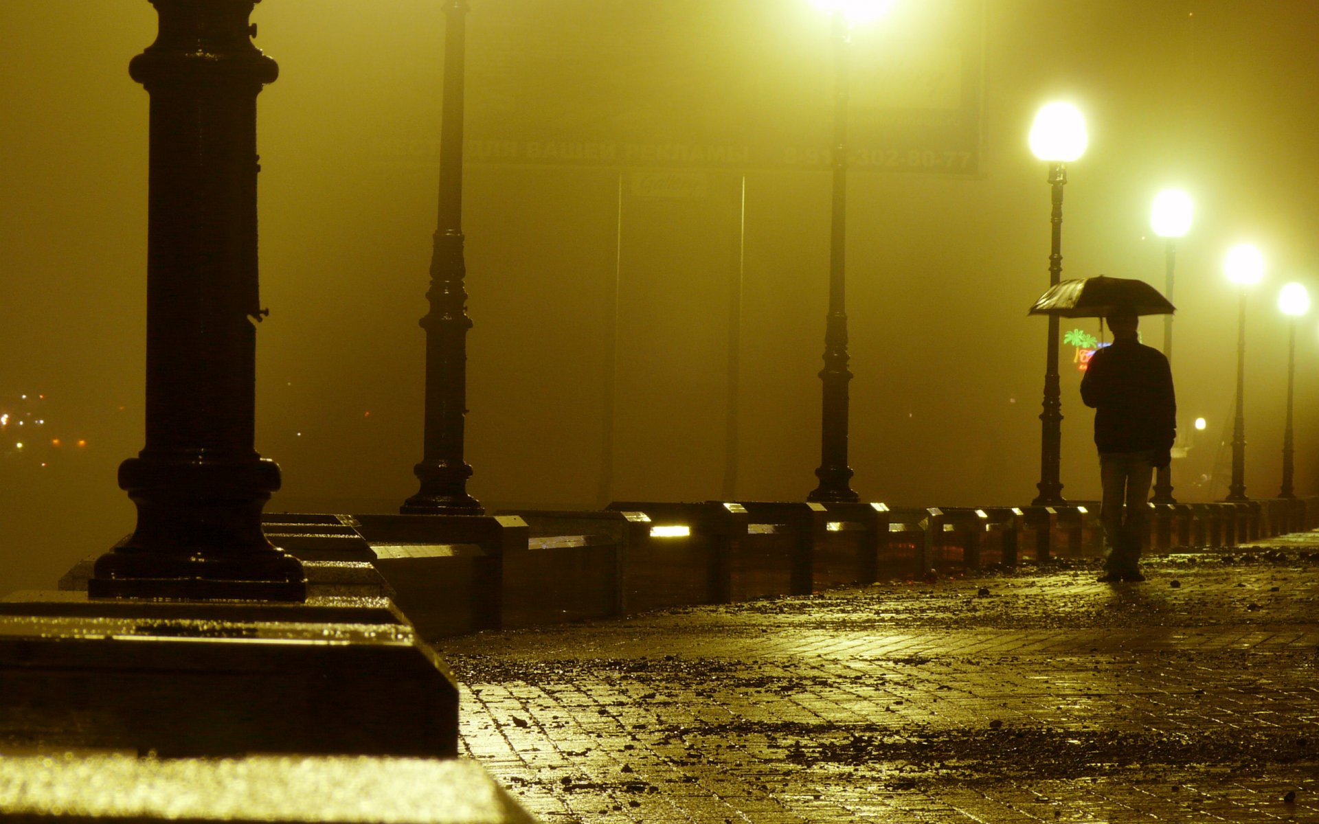 night rain embankment lights man loneline