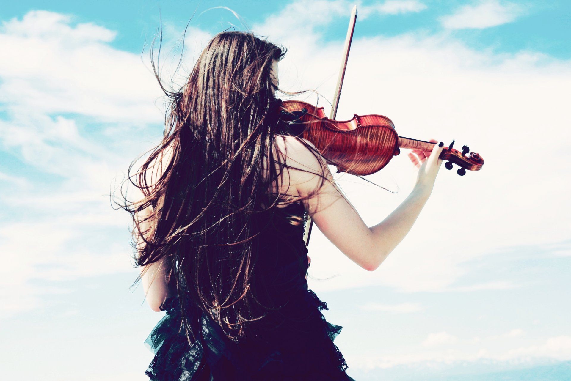 mood girl dress violin wind sky cloud