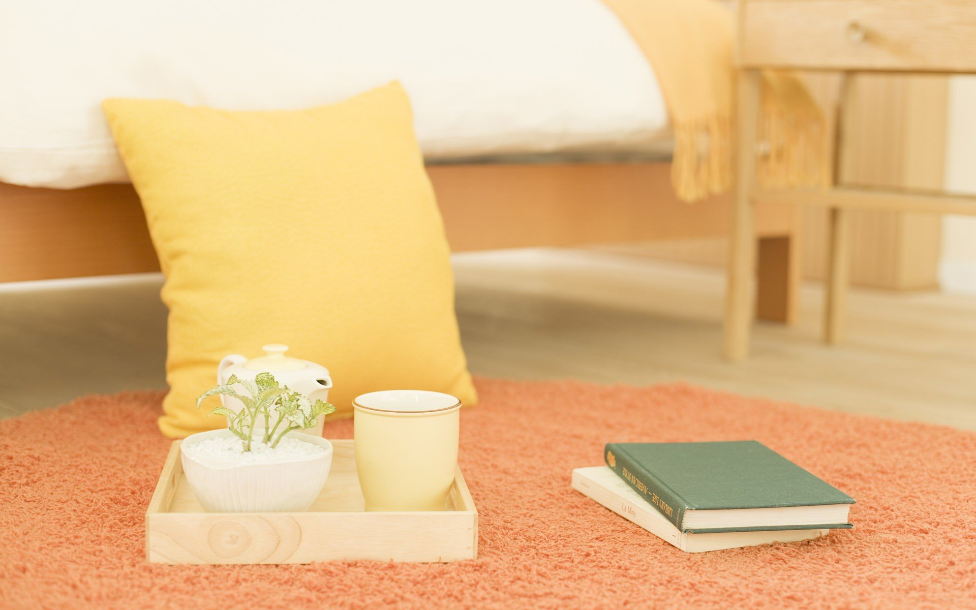 umore mattina camera da letto colazione tazza fiori libro cuscino carta da parati foto