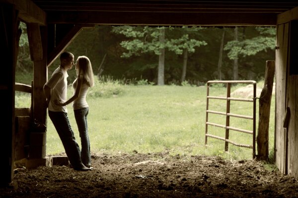 Romantic date in a stable in nature