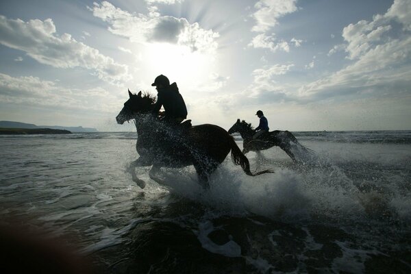 Les cavaliers à cheval sautent sur l eau