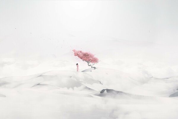 A girl under a tree in the white desert