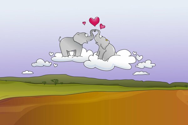 Baby elephants in love in fluffy clouds