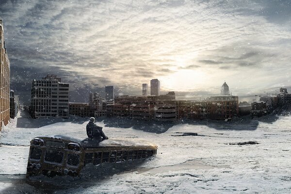 Landschaft mit Winterschneefall und Sonne