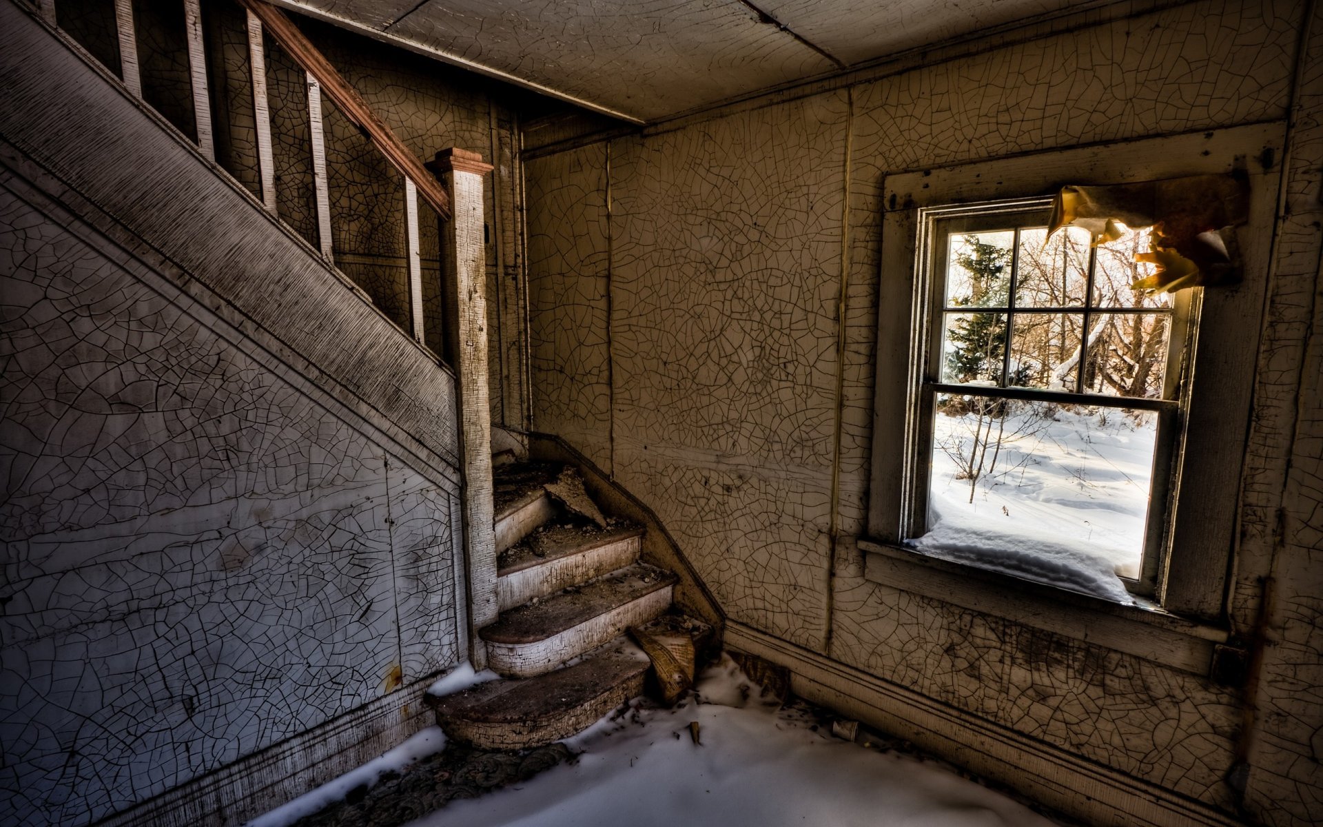 room stairs window snow ruin