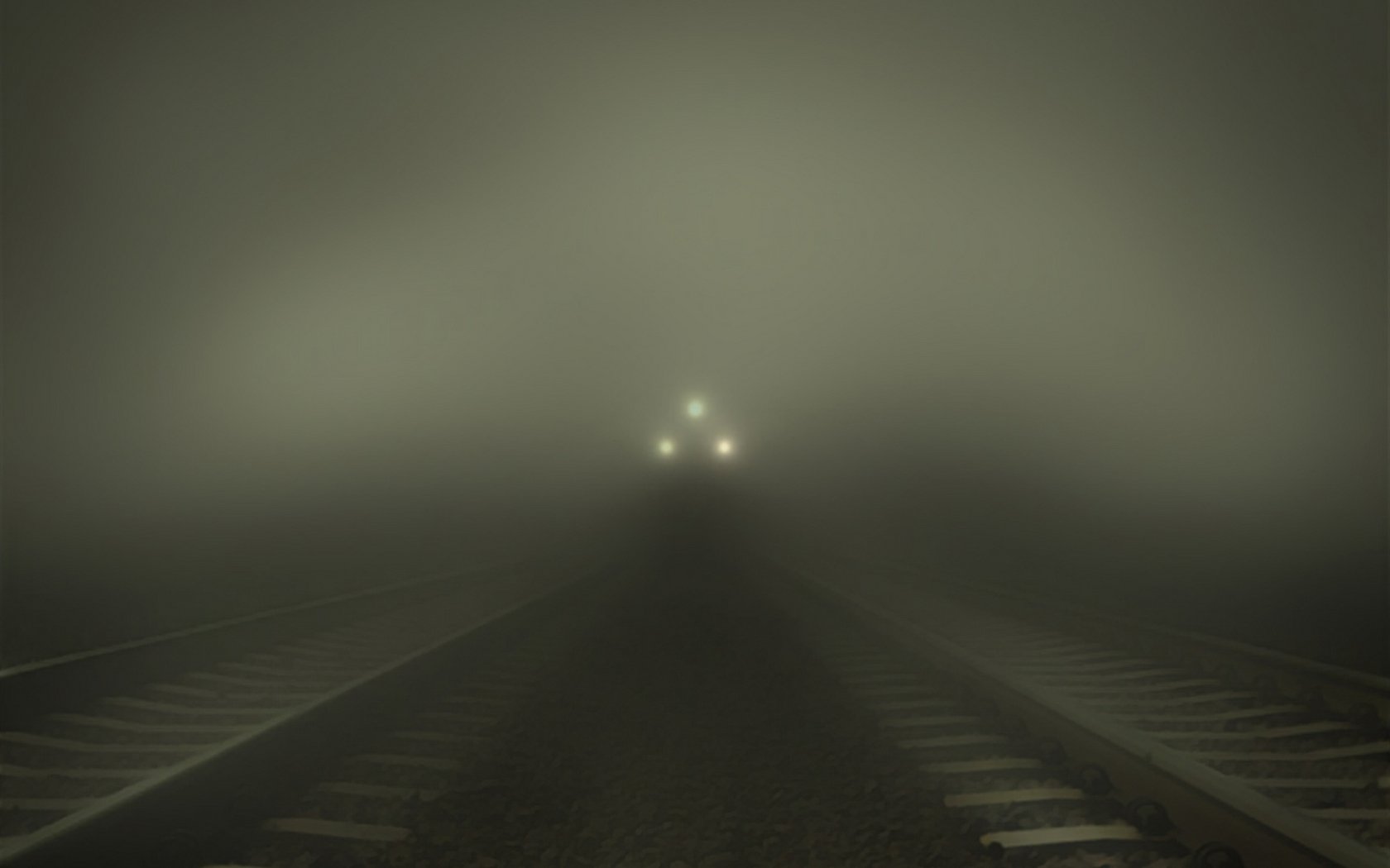 ituations train light rails railway fog haze evening night trip travel stones darkness headlights lights lanterns rock