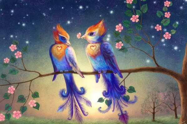 Art birds in love on a branch