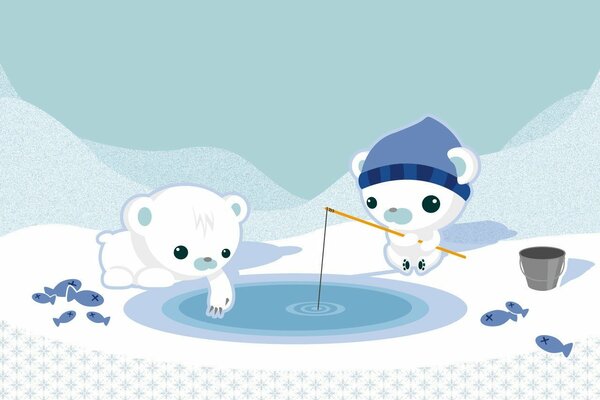 Two bears are fishermen, fishing in an ice hole