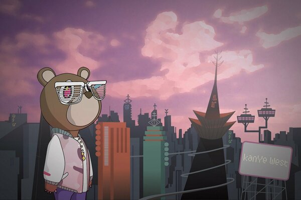 Art picture , teddy bear with glasses on the background of the city