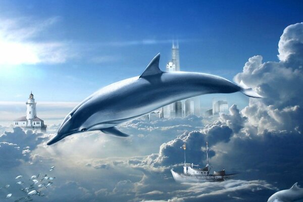 A dolphin flying in the clouds of his dreams