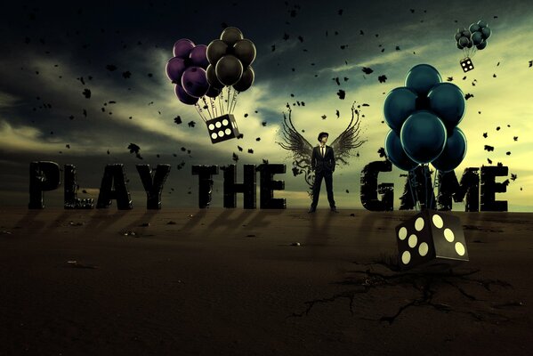 The inscription in English: Play the game. Balloons and cubes