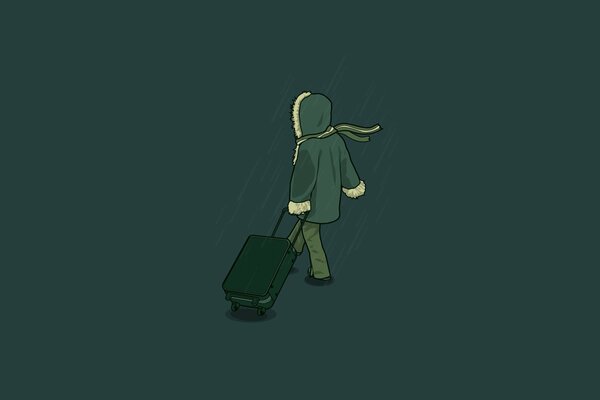 Drawing. A girl in a hooded jacket leaves with a suitcase. Green background. Monochrome