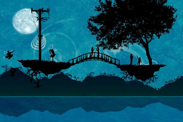 Drawing of two islands connected by a bridge with people on the background of the moon