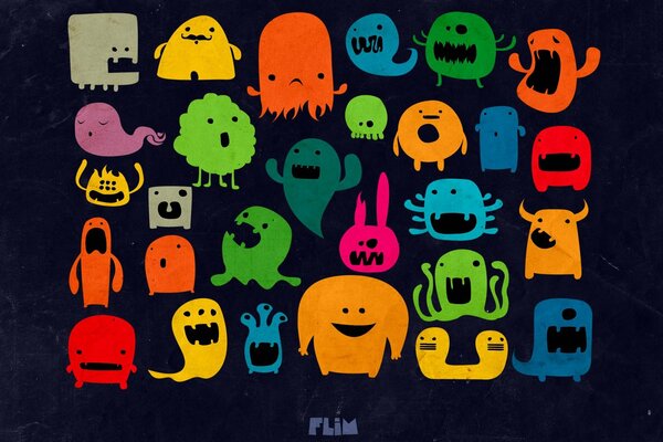 Funny colorful monsters in rows