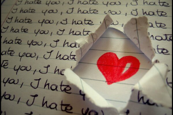 Drawing of a heart on paper with the inscription I hate you