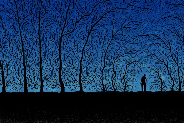 Arbres noirs et homme sur fond bleu