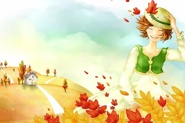 Illustrazione ad acquerello con ragazza sorridente in autunno