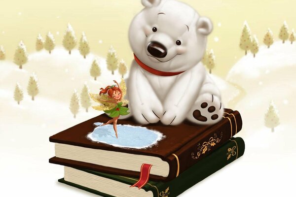 Arte oso de peluche blanco sentado en los libros