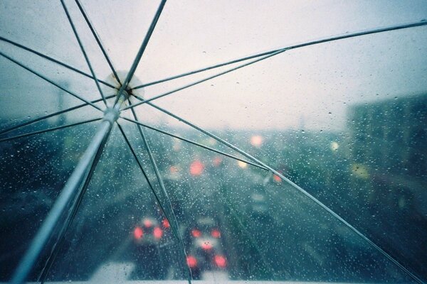 Transparent umbrella dome with raindrops