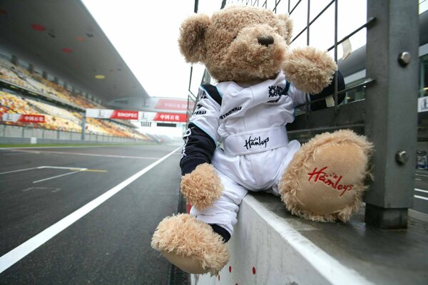 A teddy bear is sitting in a Formula 1 uniform