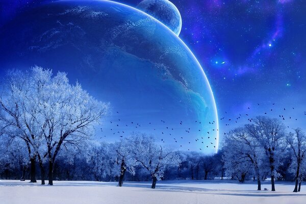 Winter landscape on the background of a huge planet