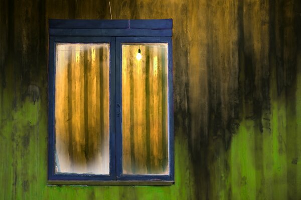 Painting of a window with a blue frame and light