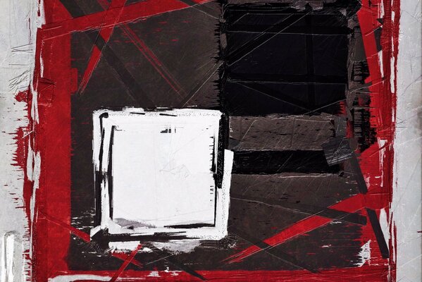 Abstract canvas with white squares in the center on a black background in a red frame